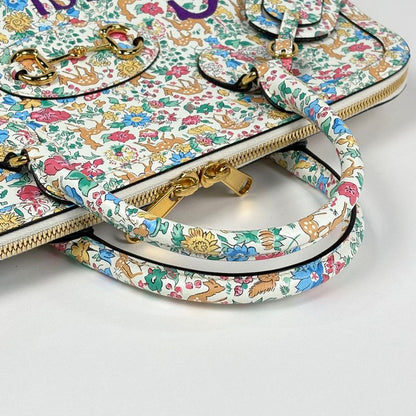 Gucci Horsebit Duffle Handbag Liberty Flower Animal Pattern 2-Way Ivory - Purple Multicolor