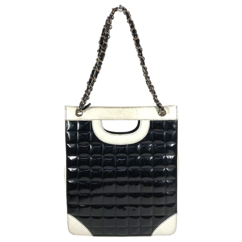 Chanel Shoulder Bag Logo Choco Bar Enamel Leather Black Logo Choco Bar