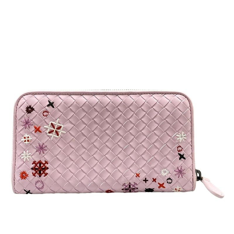 Bottega Veneta Wallet Intrecciato Pink Zip Around Embroidery Leather