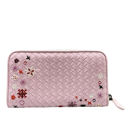 Bottega Veneta Wallet Intrecciato Pink Zip Around Embroidery Leather