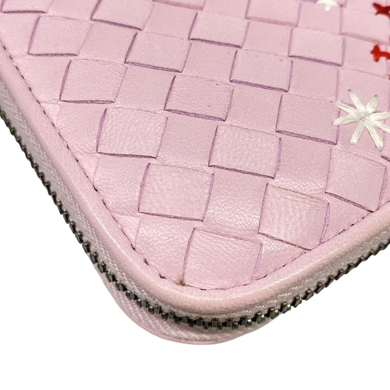 Bottega Veneta Wallet Intrecciato Pink Zip Around Embroidery Leather