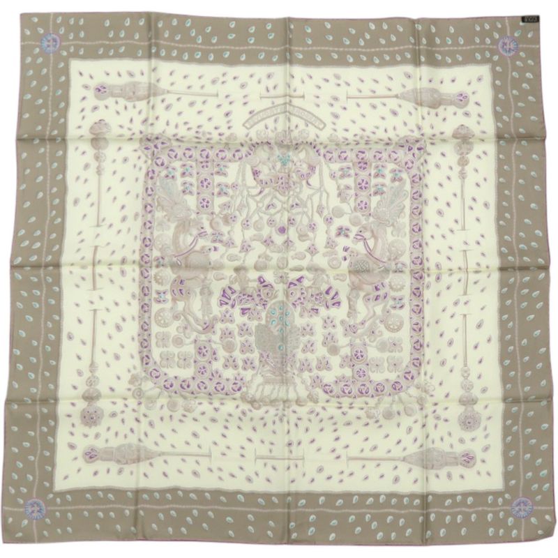 Hermes Carre 90 Hidden Treasure Tresors Retrouves Silk Cream Scarf Gray Purple