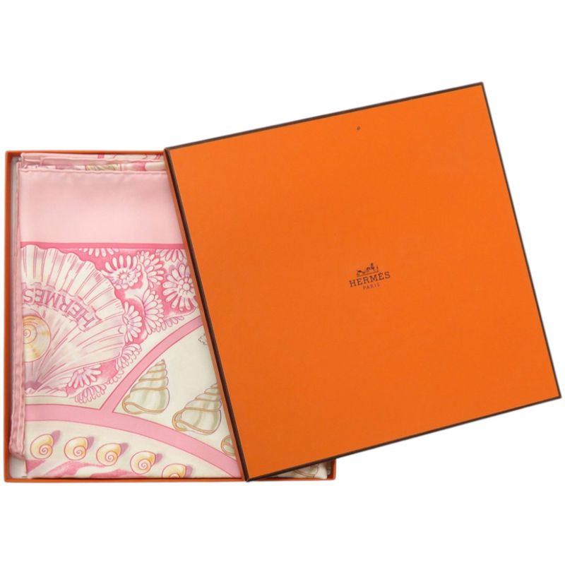 Hermes Carre 90 Parures Oceanes Sea Silk Pink Scarf White