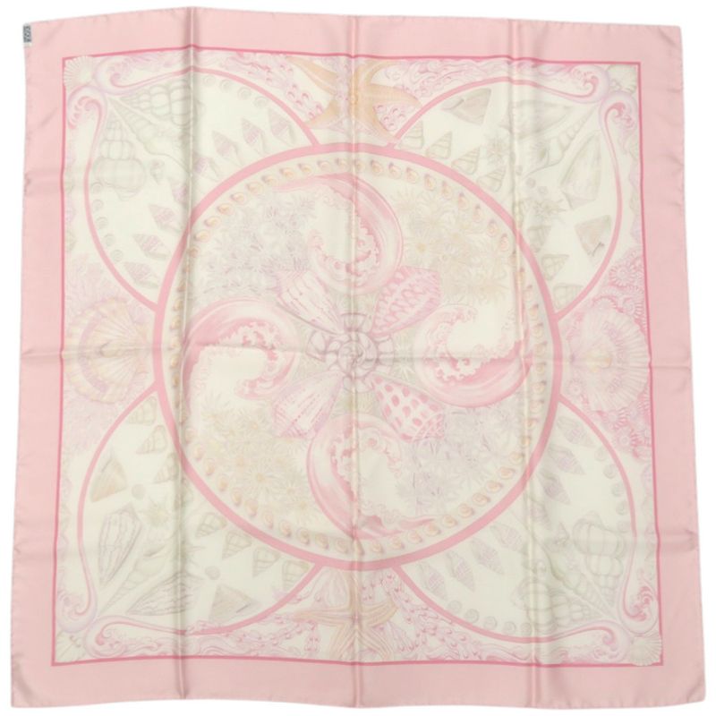 Hermes Carre 90 Parures Oceanes Sea Silk Pink Scarf White