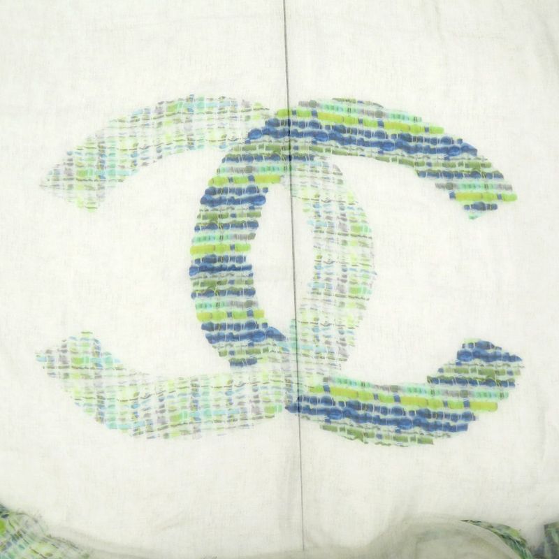 Chanel CC Logo Large Shawl Cashmere Silk Green Blue White