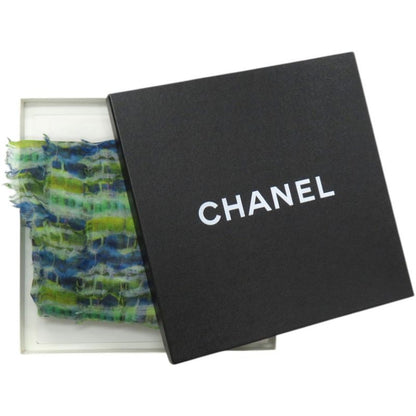 Chanel CC Logo Large Shawl Cashmere Silk Green Blue White