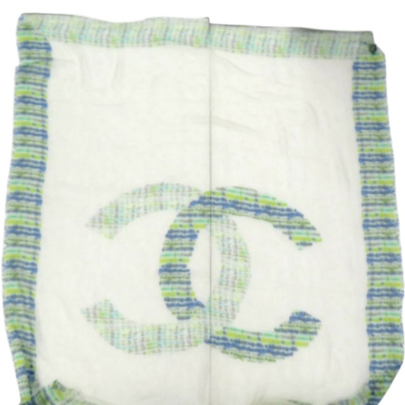 Chanel CC Logo Large Shawl Cashmere Silk Green Blue White