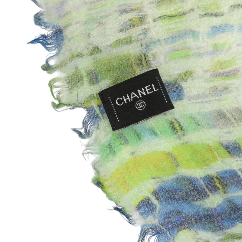 Chanel CC Logo Large Shawl Cashmere Silk Green Blue White