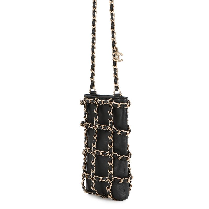 Chanel Chain Shoulder Bag Choco Bar Phone Case Lambskin Black