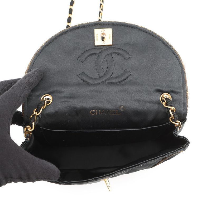 Chanel Chain Shoulder Bag Quilted CC Logo Satin Black