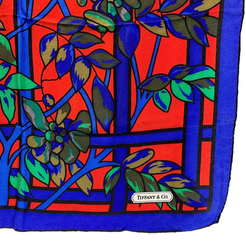 Tiffany & Co Stained Glass Pattern Silk Blue Scarf Red