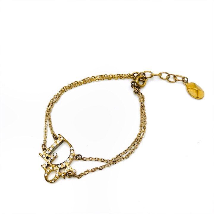 Dior Logo Bracelet Bangle Line Stone Gold