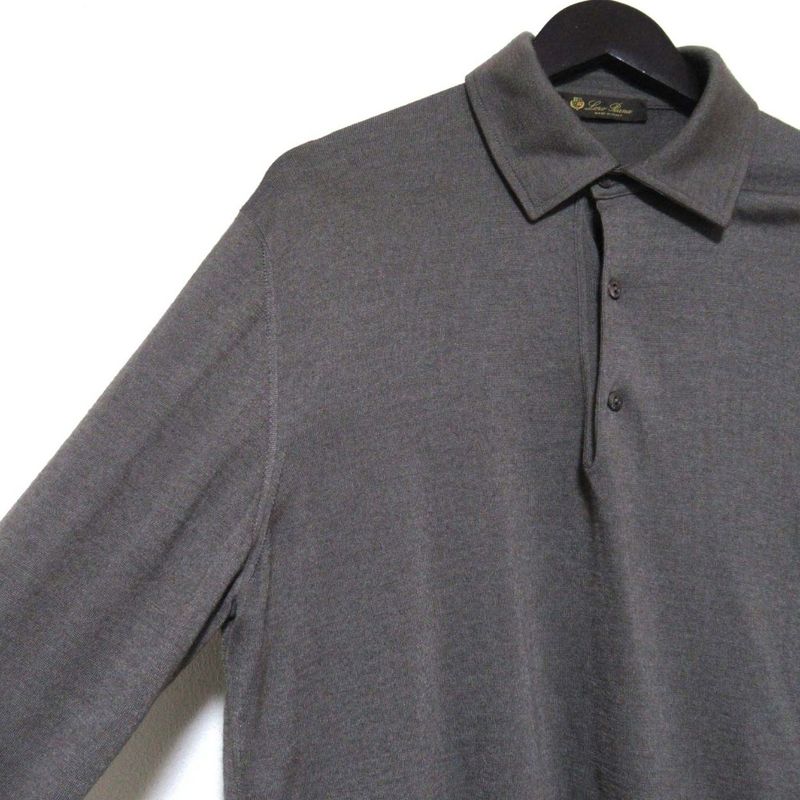 Loro Piana Cashmere Silk Long Sleeve Knit Polo Shirt 52 Khaki