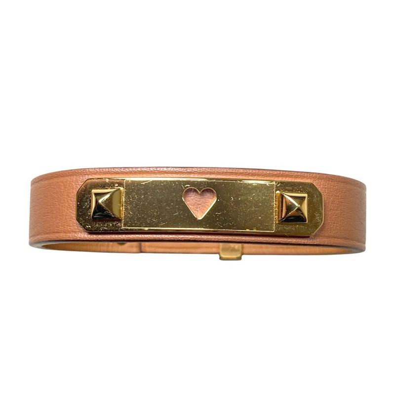 Hermes As de Coule Heart Motif Leather Bracelet T2 Brown Gold Brand