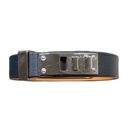 Hermes As de Coule Heart Motif Leather Bracelet T2 Navy Silver Brand