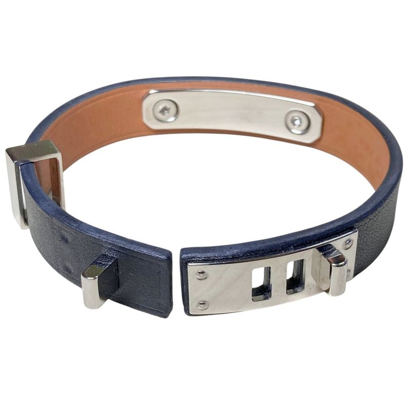 Hermes As de Coule Heart Motif Leather Bracelet T2 Navy Silver Brand