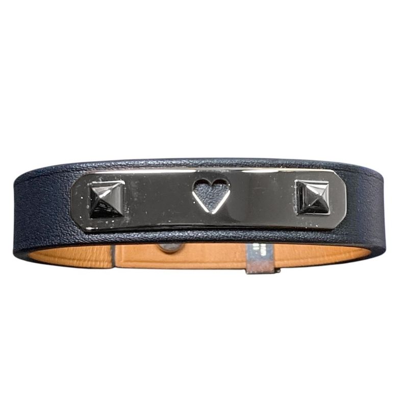 Hermes As de Coule Heart Motif Leather Bracelet T2 Navy Silver Brand