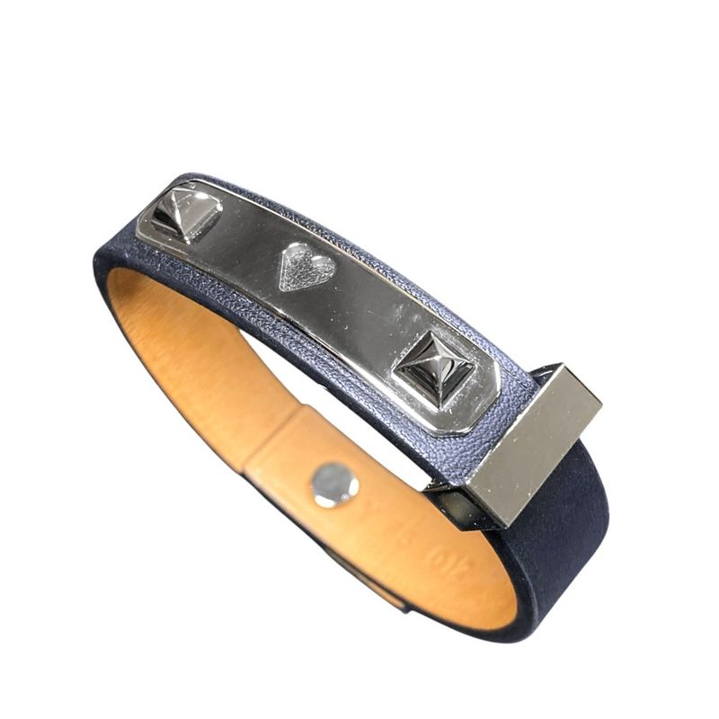 Hermes As de Coule Heart Motif Leather Bracelet T2 Navy Silver Brand