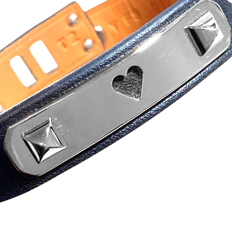Hermes As de Coule Heart Motif Leather Bracelet T2 Navy Silver Brand