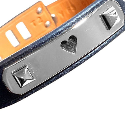 Hermes As de Coule Heart Motif Leather Bracelet T2 Navy Silver Brand