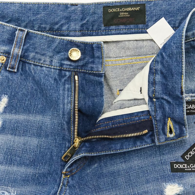 Dolce & Gabbana Comfort Logo Patch Crushed Denim Pants 46 Indigo Blue