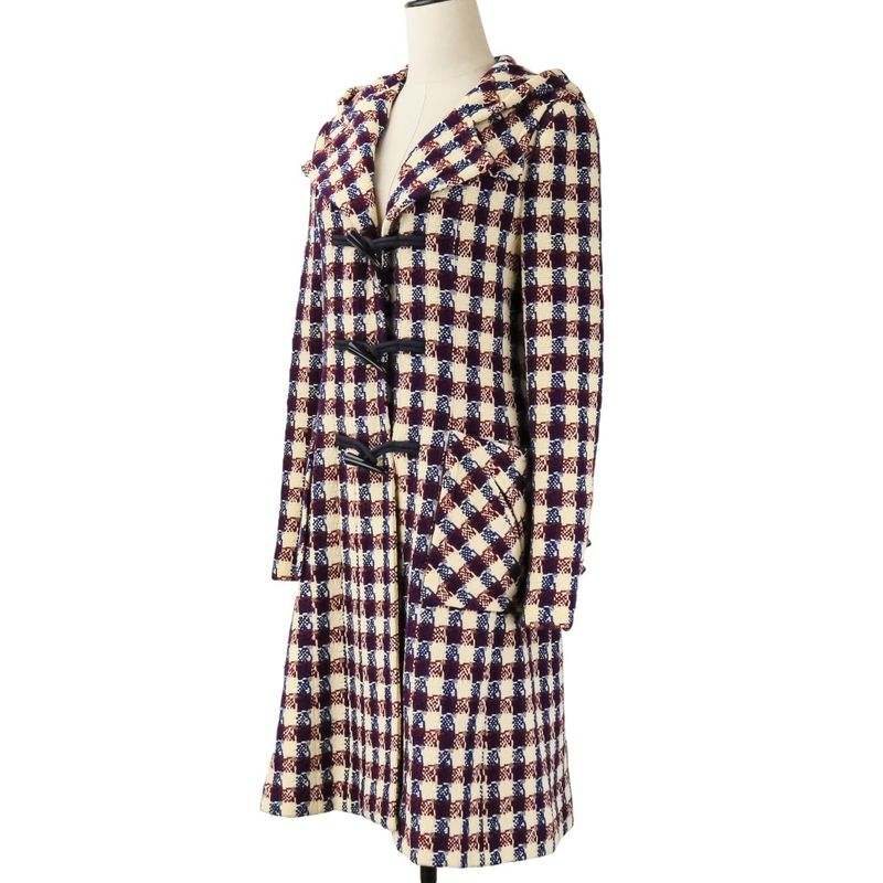 Chanel Tweed Check Duffel Coat Navy Ivory Red Ivory-