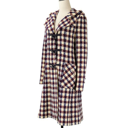 Chanel Tweed Check Duffel Coat Navy Ivory Red Ivory-