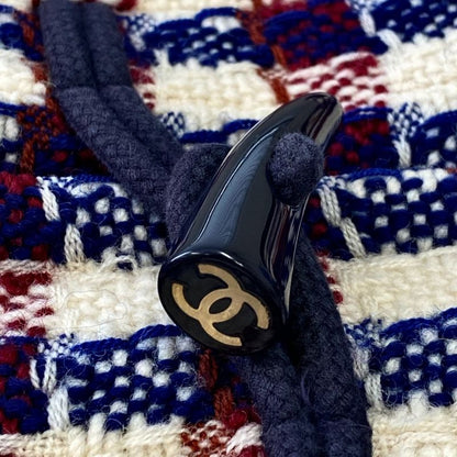 Chanel Tweed Check Duffel Coat Navy Ivory Red Ivory-