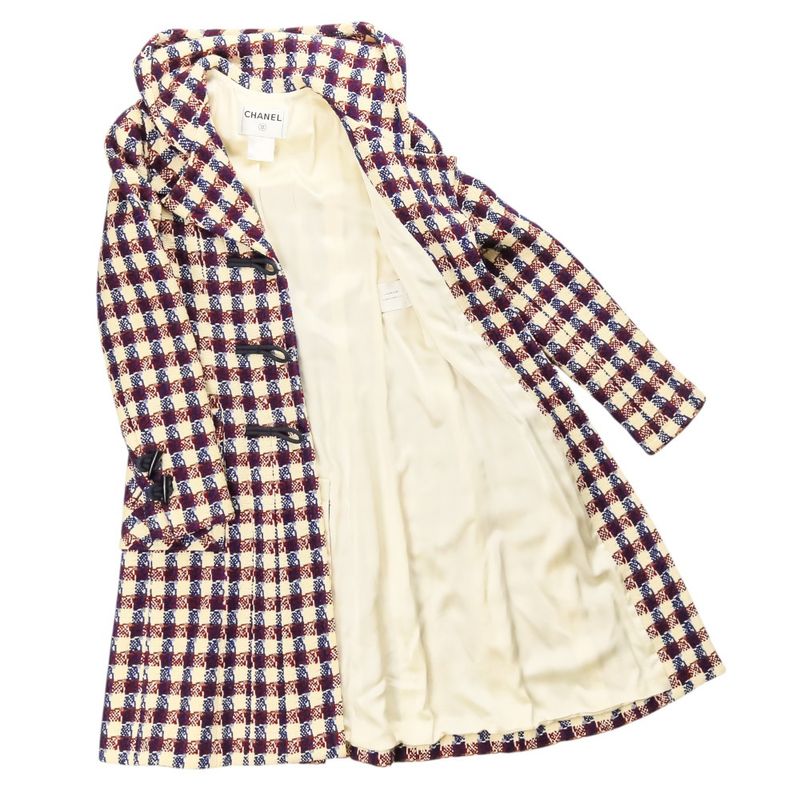 Chanel Tweed Check Duffel Coat Navy Ivory Red Ivory-