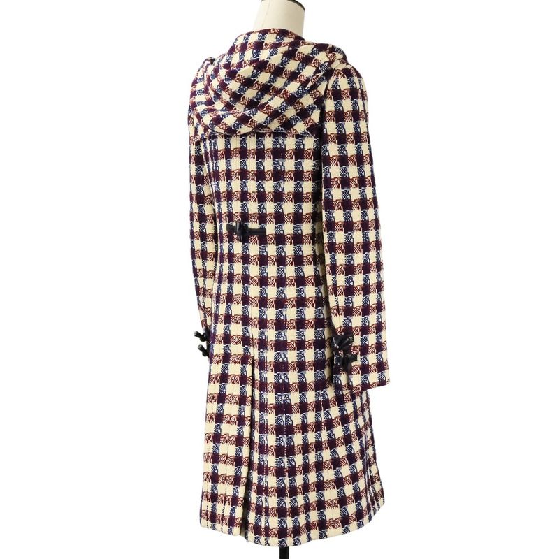Chanel Tweed Check Duffel Coat Navy Ivory Red Ivory-