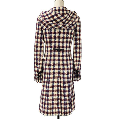 Chanel Tweed Check Duffel Coat Navy Ivory Red Ivory-
