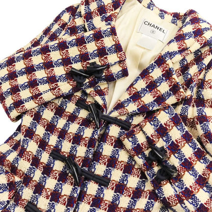 Chanel Tweed Check Duffel Coat Navy Ivory Red Ivory-