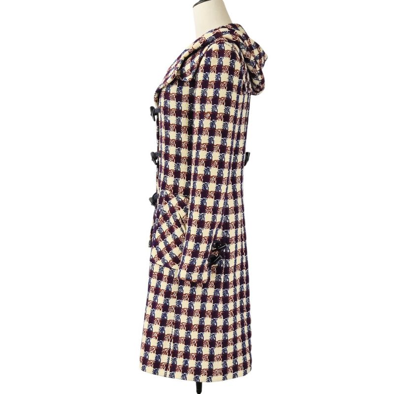 Chanel Tweed Check Duffel Coat Navy Ivory Red Ivory-