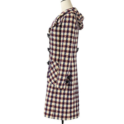 Chanel Tweed Check Duffel Coat Navy Ivory Red Ivory-