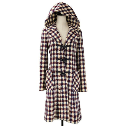 Chanel Tweed Check Duffel Coat Navy Ivory Red Ivory-