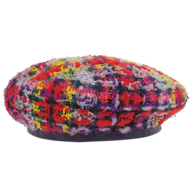 Gucci Tweed Plaid Ribbon GG Logo Beret Purple Red Yellow