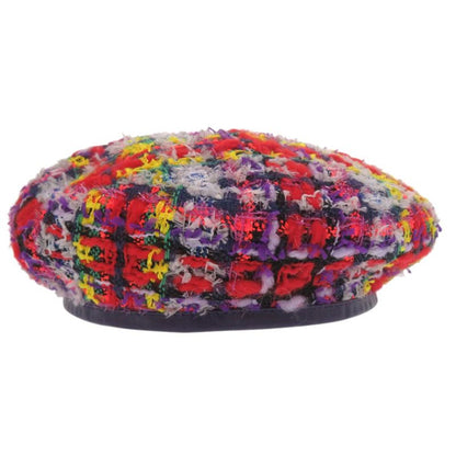 Gucci Tweed Plaid Ribbon GG Logo Beret Purple Red Yellow
