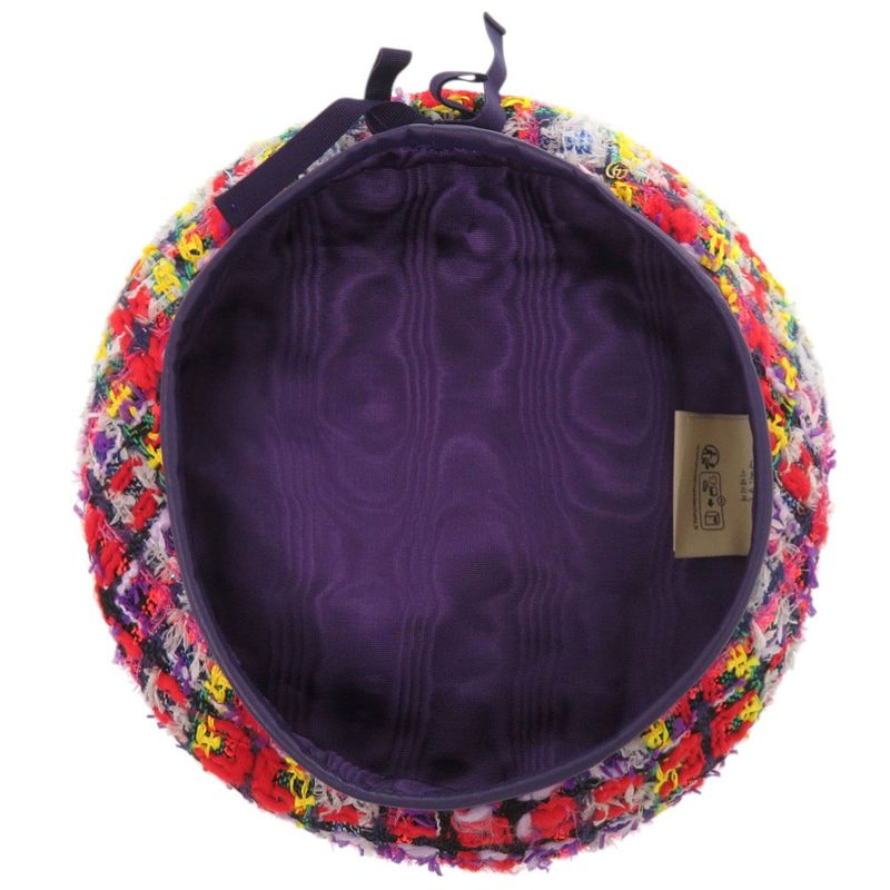 Gucci Tweed Plaid Ribbon GG Logo Beret Purple Red Yellow