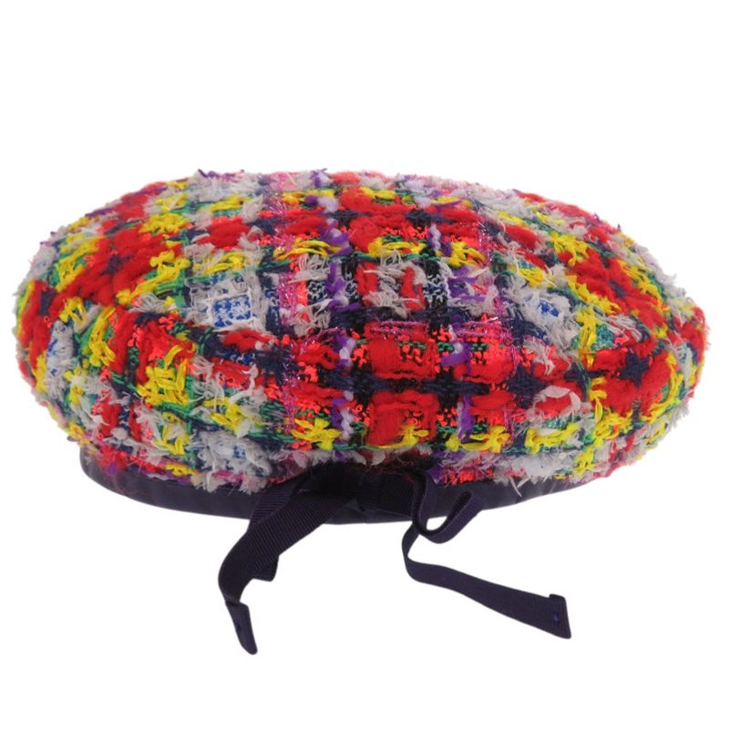 Gucci Tweed Plaid Ribbon GG Logo Beret Purple Red Yellow