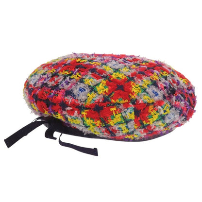 Gucci Tweed Plaid Ribbon GG Logo Beret Purple Red Yellow