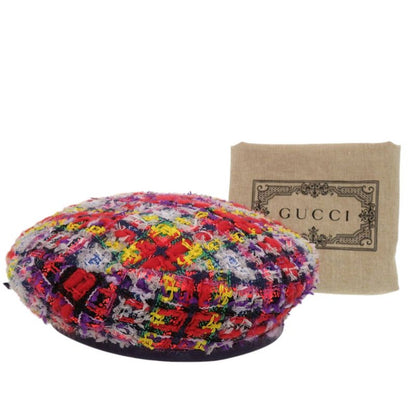 Gucci Tweed Plaid Ribbon GG Logo Beret Purple Red Yellow