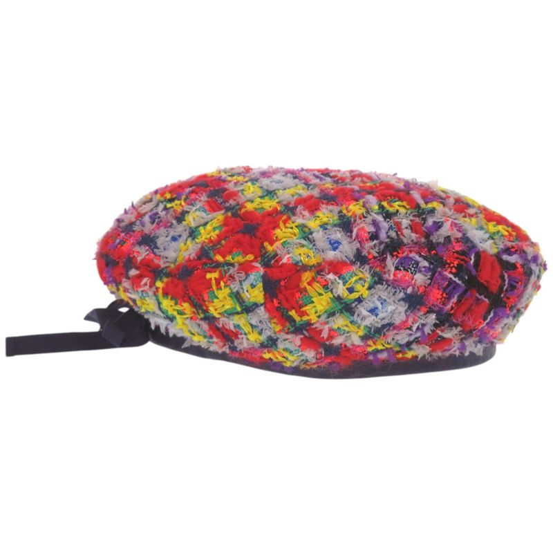 Gucci Tweed Plaid Ribbon GG Logo Beret Purple Red Yellow