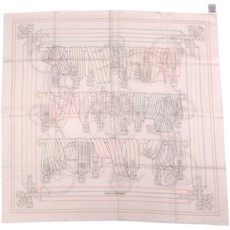 Hermes le Lotage Polished Carre 90 Exlibris Brodet Sangle 08 Silk White Red Blue
