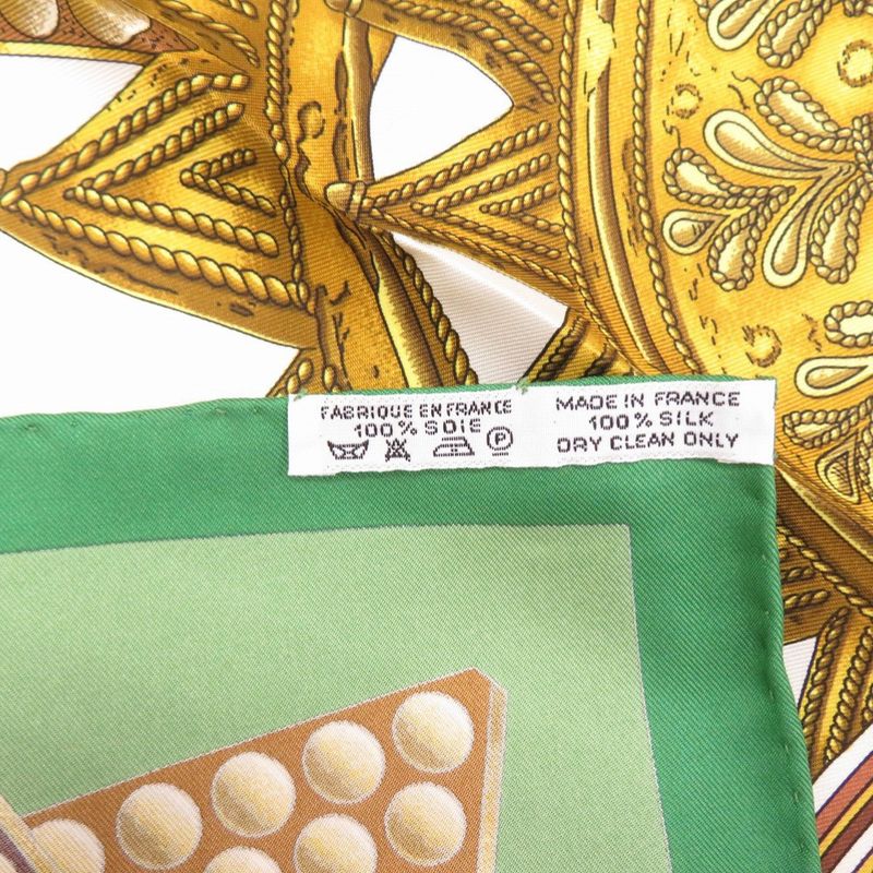 Hermes Carre 90 L'Or Des Chefs Chiefs' Gold Silk Green Scarf