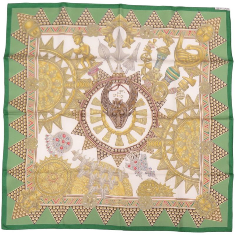 Hermes Carre 90 L'Or Des Chefs Chiefs' Gold Silk Green Scarf