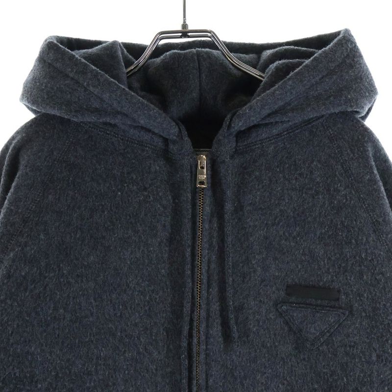 Prada Triangle Logo Cashmere Blend Virgin Wool Zip Up Hooded Jacket Gray