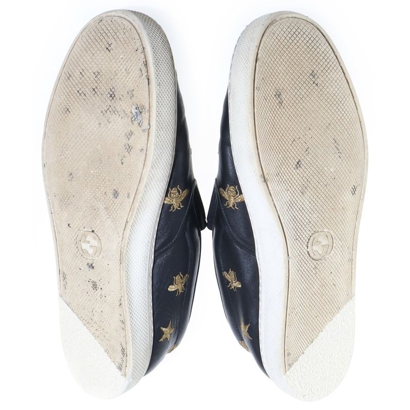 Gucci Bee Embroidery Leather Low Cut Sneakers Slip Ons Black
