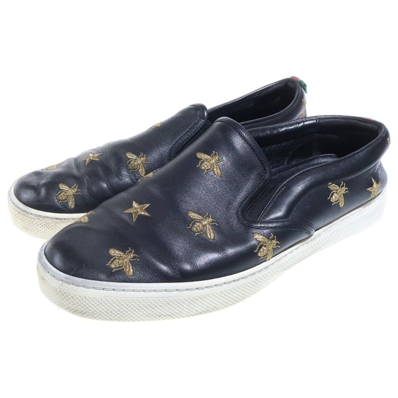 Gucci Bee Embroidery Leather Low Cut Sneakers Slip Ons Black