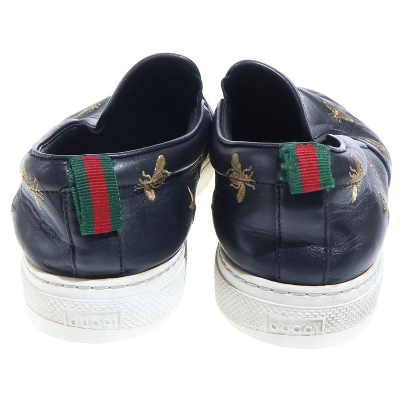 Gucci Bee Embroidery Leather Low Cut Sneakers Slip Ons Black