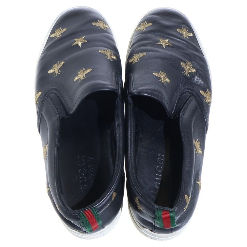 Gucci Bee Embroidery Leather Low Cut Sneakers Slip Ons Black